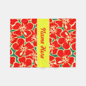 レッドハイビスカスフラワートロピカルハワイアンデコール フリースブランケット (正面(横))