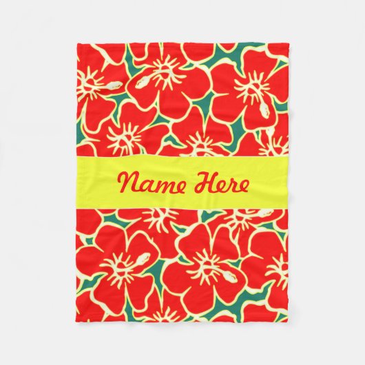 レッドハイビスカスフラワートロピカルハワイアンデコール フリースブランケット (正面)