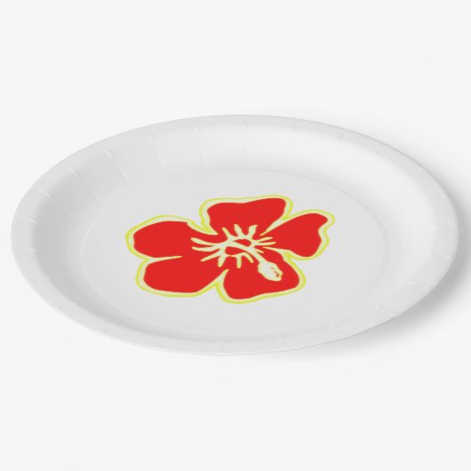 レッドハイビスカスフラワートロピカルハワイアンルアウ（ハワイ式宴会）パーティー ペーパープレート (アングル)