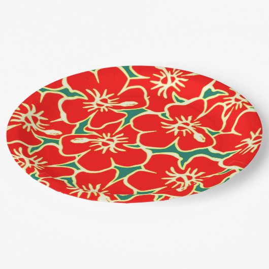 レッドハイビスカスフラワートロピカルハワイアンルアウ（ハワイ式宴会） ペーパープレート (アングル)