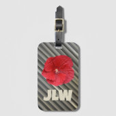 レッドハイビスカスモダンスはっきりしたスモキーグレストライプー ラゲッジタグ (正面縦)