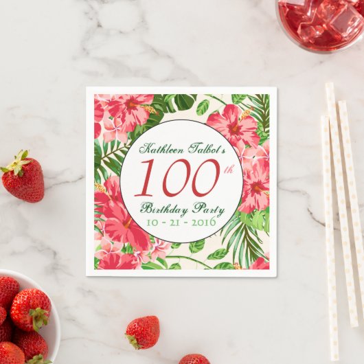 レッドハイビスカス100thバースデーパーティーペーパーナプキン スタンダードカクテルナプキン (インサイチュ)