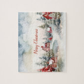 レッドハウスグリーンパインツリークリスマスランドスケープ ジグソーパズル (縦)