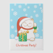 レッドハットの白いクリスマスキャットパーティー ベラム紙招待状 (正面)