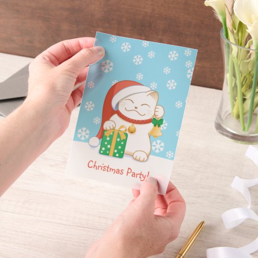レッドハットの白いクリスマスキャットパーティー ベラム紙招待状 (ポータブル)