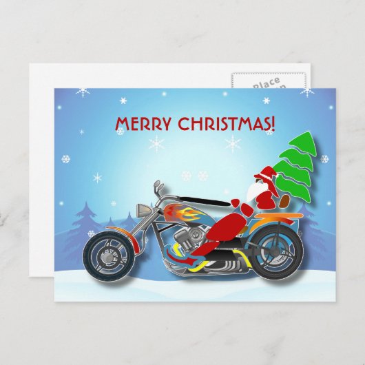 レッドハット付きクリスマスサンタライディングチョッパー自転車 シーズンポストカード (正面/裏面)