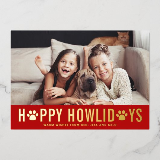 レッドハッピーハウリーモダンズタイポグラフィドッグフォト 箔シーズンカード (正面)
