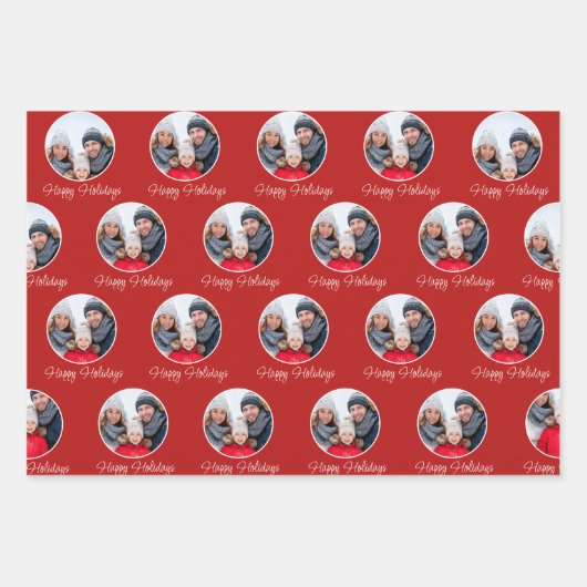 レッドハッピーホリデーズファミリーフォトクリスマス ラッピングペーパーシート (正面3)