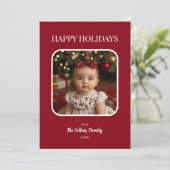 レッドハッピーホリデーズベビーフォトミニマリストクリスマス シーズンカード (スタンド正面)