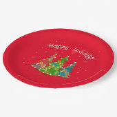レッドハッピーホリデーズ文字，星，木モダン,おもしろい ペーパープレート (アングル)