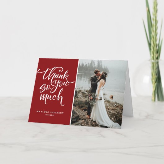 レッドハモダンンドレタリング結婚の写真 サンキューカード (正面)