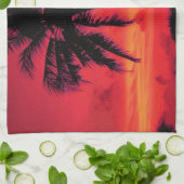 レッドハワイアンサンセットエキゾチックパームツリーズ キッチンタオル (折り畳み)