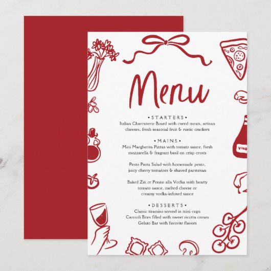 レッドハンドドローイタリアンドピお洒落ザパスタワイン メニュー (正面/裏面)