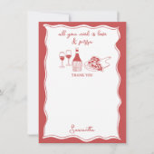 レッドハンドドローイタリアンドピザワインブライダルシャワー サンキューカード (正面)