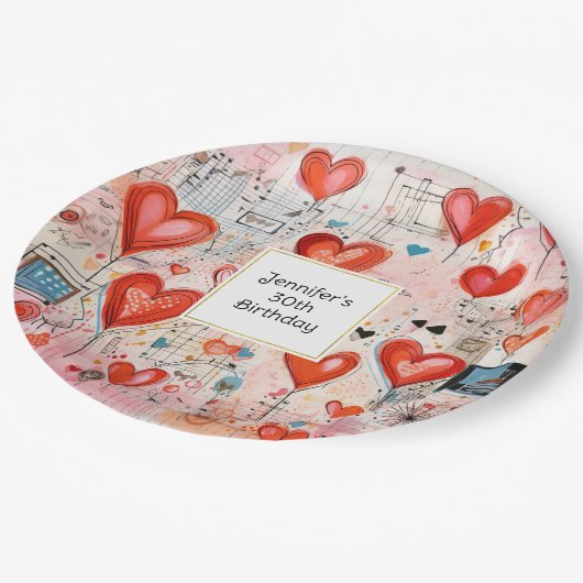 レッドハーツ気まぐれな愛のパターン誕生日 ペーパープレート (アングル)