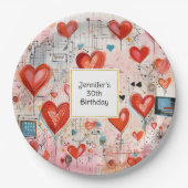 レッドハーツ気まぐれな愛のパターン誕生日 ペーパープレート (正面)