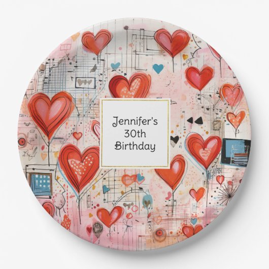 レッドハーツ気まぐれな愛のパターン誕生日 ペーパープレート (正面)