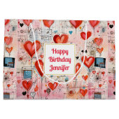 レッドハーツ気まぐれな愛のパターン誕生日 ラージペーパーバッグ (裏面)