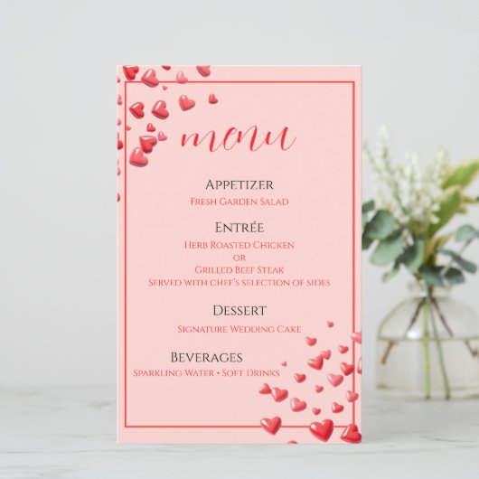 レッドハートの結婚式メニューカード (スタンド正面)