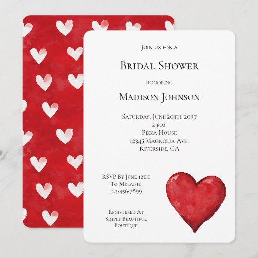 レッドハート ブライダルシャワー 招待状 (正面/裏面)
