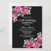 レッドバイオレット牡丹フローラブラック50誕生日 招待状 (正面)