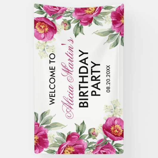 レッドバイオレット牡丹フローラ緑の誕生日へようこそ 横断幕 (縦)