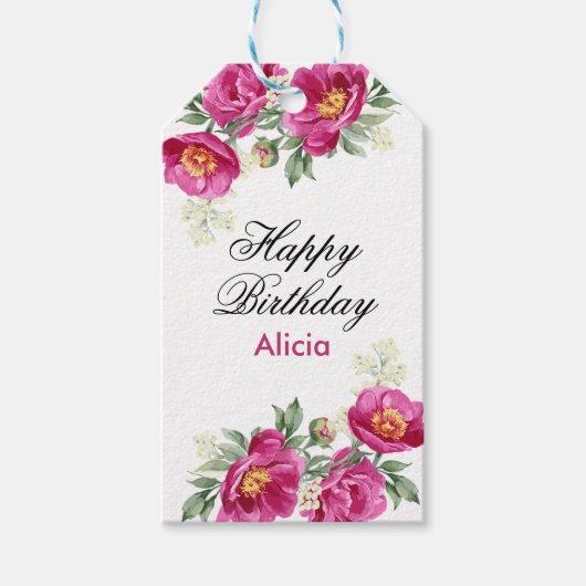 レッドバイオレット牡丹フローラ緑誕生日 ギフトタグ (正面)