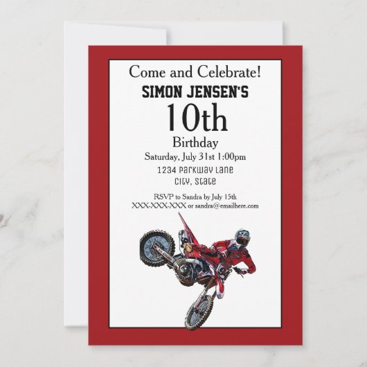 レッドバイクスポーツボーイ誕生日招待状 招待状 (正面)