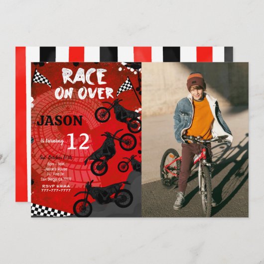 レッドバイク誕生日フォト招待状 招待状 (正面/裏面)