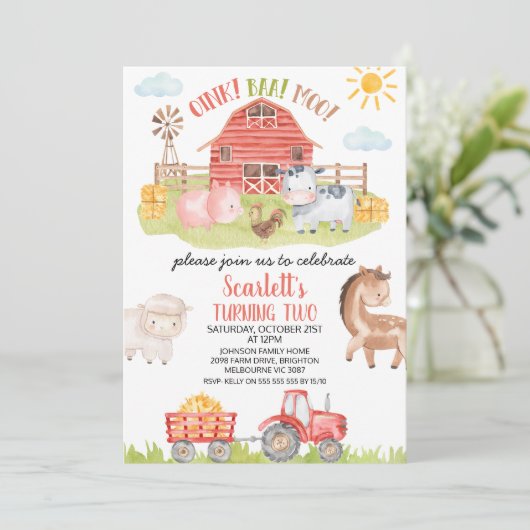 レッドバカラフルンファームアニマルズ誕生日招待状 招待状 (スタンド正面)