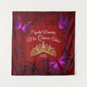 レッドバタフライ、金ゴールドティアラキンセアニェラバックドロップ タペストリー (正面)