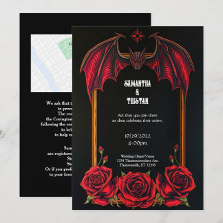 レッドバットとバラのゴシックウェディングインビテーション 招待状
