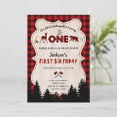 レッドバッファローウッドランド動物の男の子1歳の誕生日 招待状 (スタンド正面)