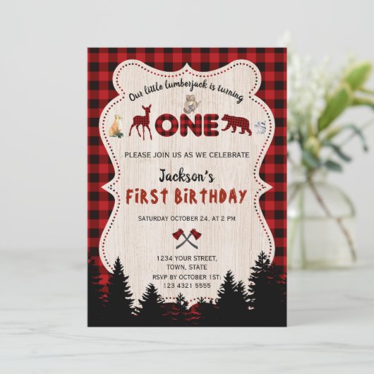 レッドバッファローウッドランド動物の男の子1歳の誕生日 招待状 (スタンド正面)