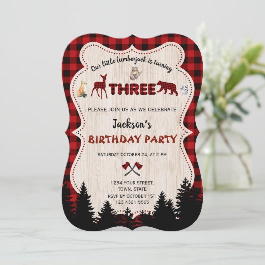 レッドバッファローウッドランド動物の男の子3歳の誕生日 招待状 (スタンド正面)