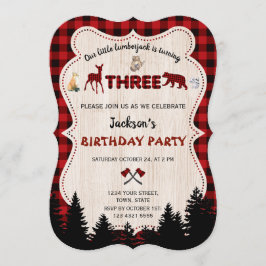 レッドバッファローウッドランド動物の男の子3歳の誕生日 招待状