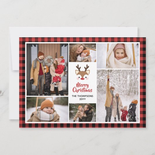 レッドバッファローチェックのトナカイ写真コラージクリスマス シーズンカード (正面)