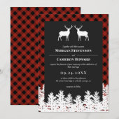 レッドバッファローチェックのラスティックな鹿のツノ ウェディング 招待状 (正面/裏面)
