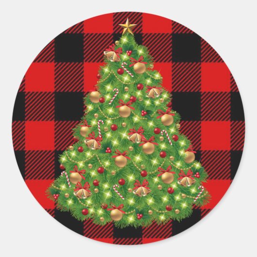 レッドバッファローチェッククリスマスツリー ラウンドシール (正面)