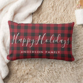 レッドバッファローチェックハッピーホリデーズファミリー名 ランバークッション (ブランケット)