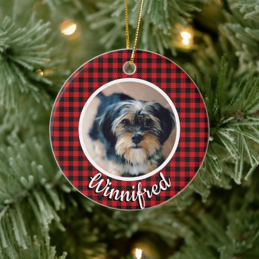 レッドバッファローチェックパーソナライズされたペット写真クリスマス セラミックオーナメント (ツリー)