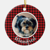 レッドバッファローチェックパーソナライズされたペット写真クリスマス セラミックオーナメント (正面)