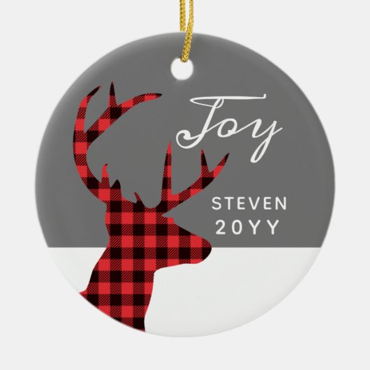 レッドバッファローチェック鹿パーソナライズされたの年の月 セラミックオーナメント (正面)