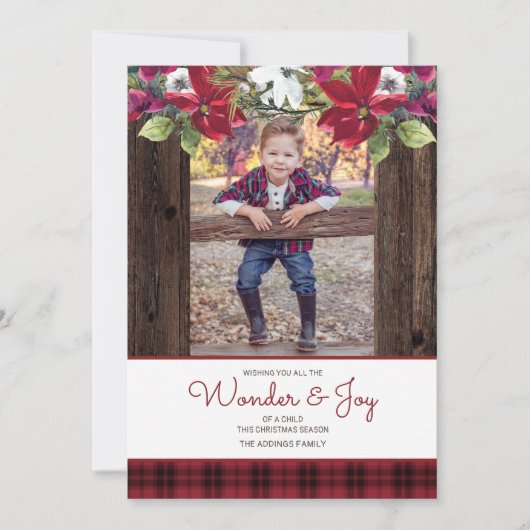 レッドバッファロープライド素朴ウッドポインセチアのクリスマス 招待状 (正面)