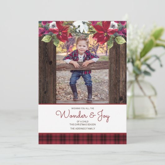 レッドバッファロープライド素朴ウッドポインセチアのクリスマス 招待状 (スタンド正面)
