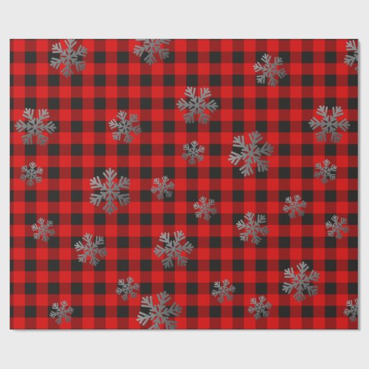 レッドバッファロープレイドとグリッター雪片 ラッピングペーパー (フラット)