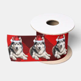 レッドバッファロープレイドのホリデーハスキー犬 サテンリボン