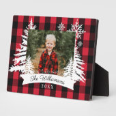 レッドバッファロープレイドのルースティックパイントゥリー家族写真 フォトプラーク (側面)