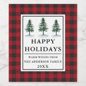 レッドバッファロープレイドウォーターカラーパインズハッピーホリデー ワインラベル (シングルラベル)