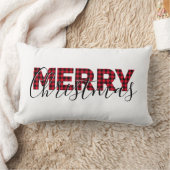 レッドバッファロープレイドエレガントスクリプトメリークリスマス ランバークッション (ブランケット)